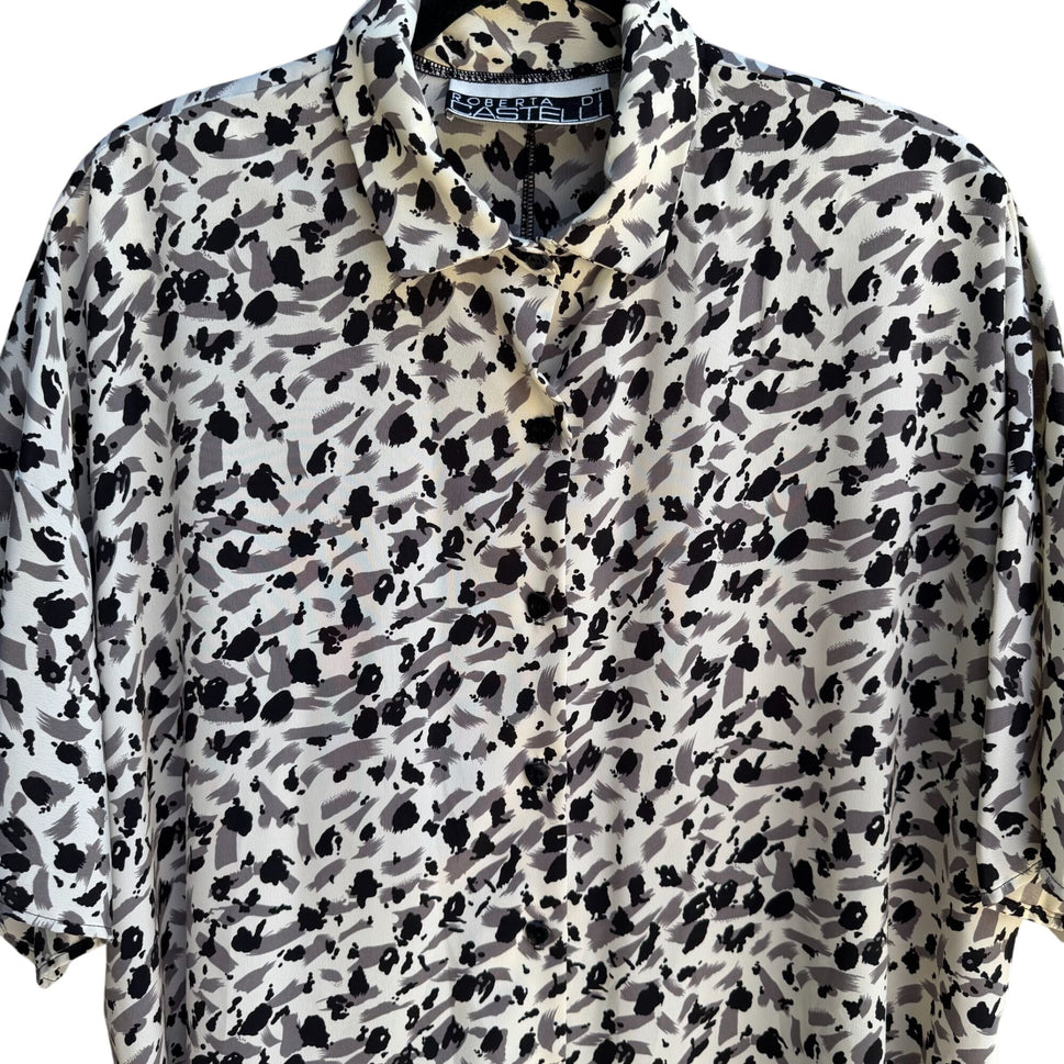 Roberta Di Castelli Vintage Womens Button-Up Black Gray Abstract Print Blouse 3X