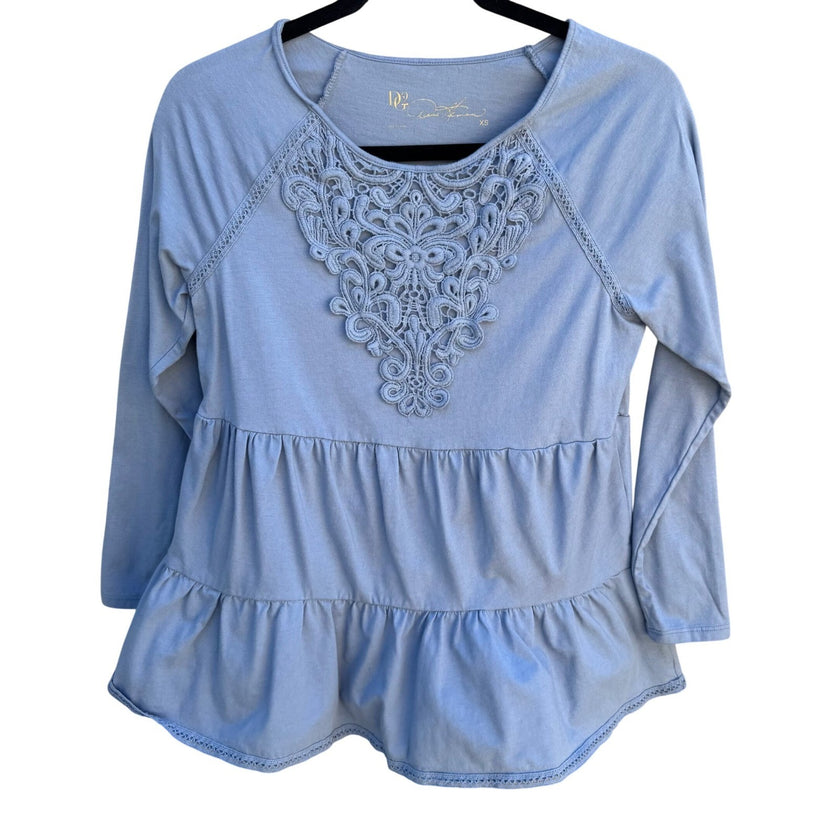Diane Gilman DG2 Women XS Blue Cotton Lace Bib Tiered Peplum Long Sleeve Top