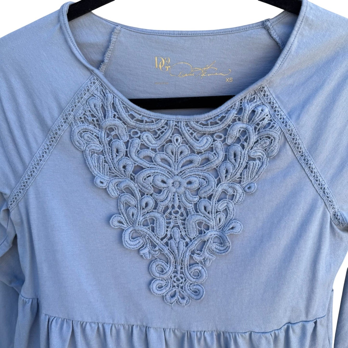 Diane Gilman DG2 Women XS Blue Cotton Lace Bib Tiered Peplum Long Sleeve Top