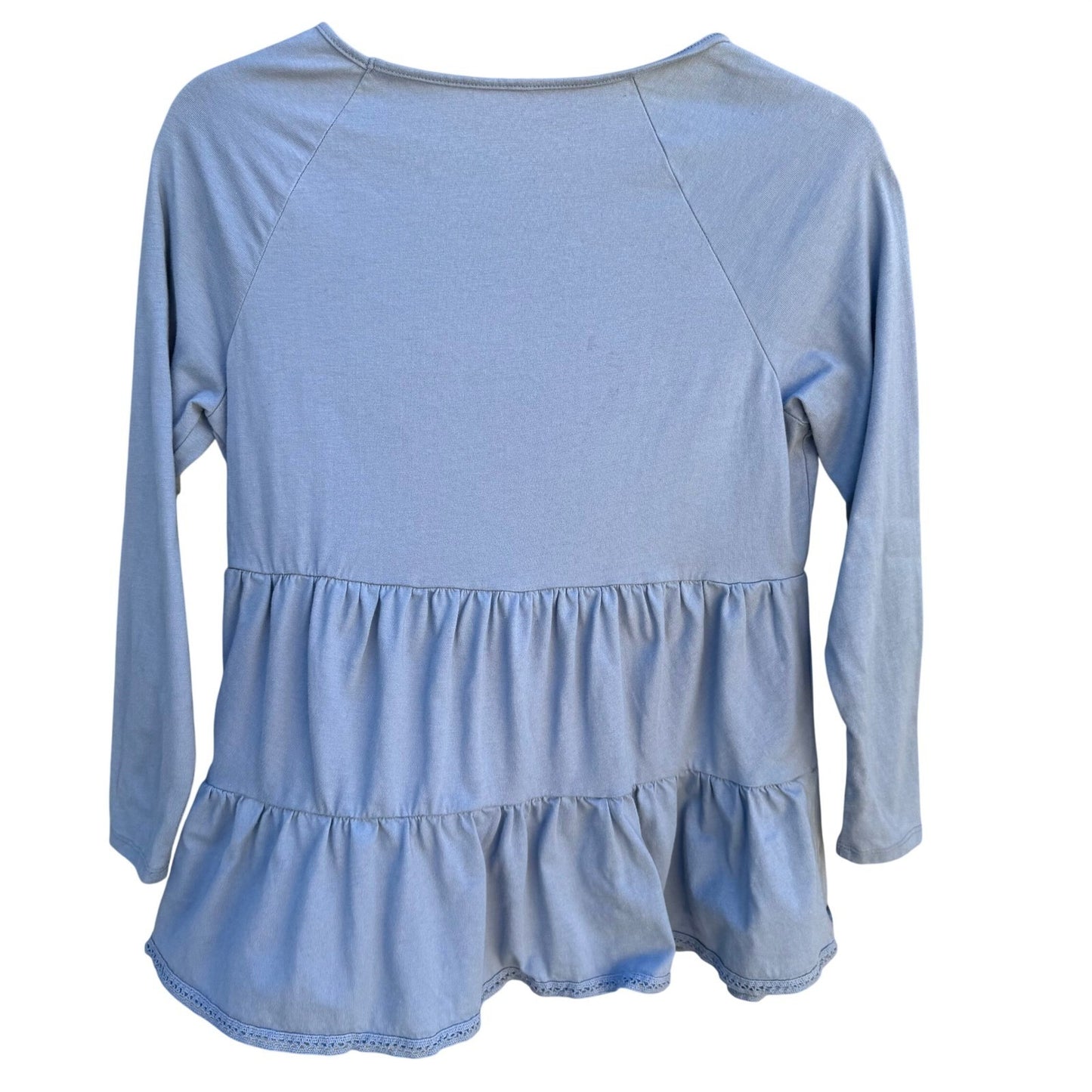 Diane Gilman DG2 Women XS Blue Cotton Lace Bib Tiered Peplum Long Sleeve Top
