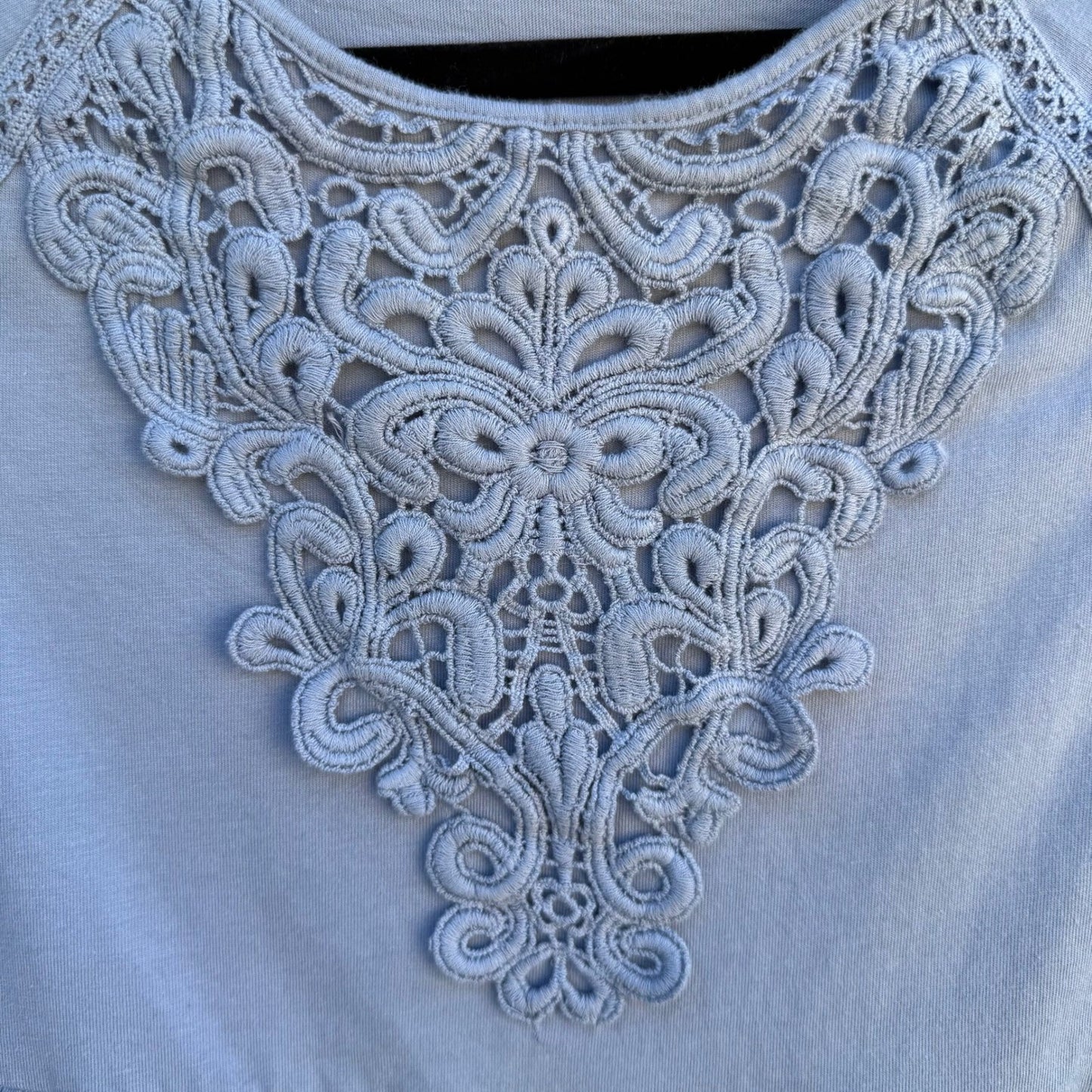 Diane Gilman DG2 Women XS Blue Cotton Lace Bib Tiered Peplum Long Sleeve Top