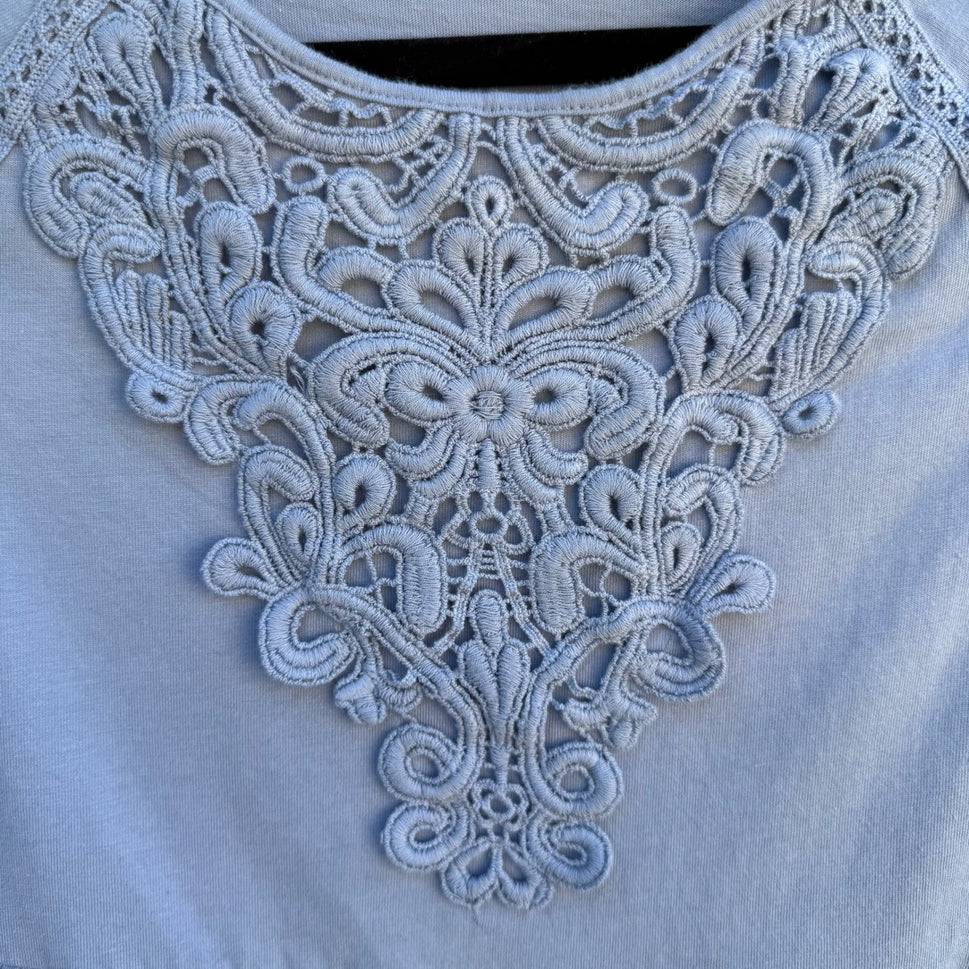 Diane Gilman DG2 Women XS Blue Cotton Lace Bib Tiered Peplum Long Sleeve Top
