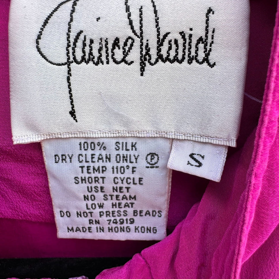 Janice David Vintage 80s PInk Silk Abstract Beaded Bomber Jacket Wearable Art S