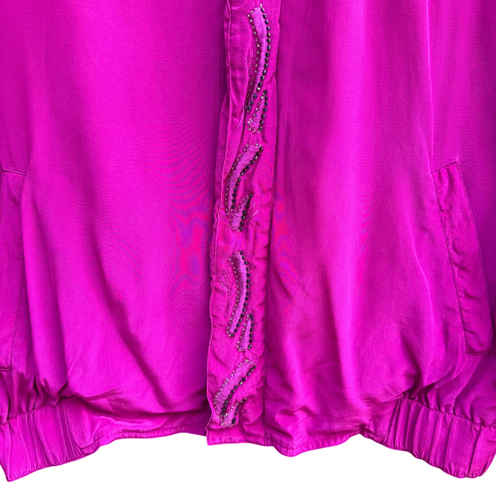 Janice David Vintage 80s PInk Silk Abstract Beaded Bomber Jacket Wearable Art S