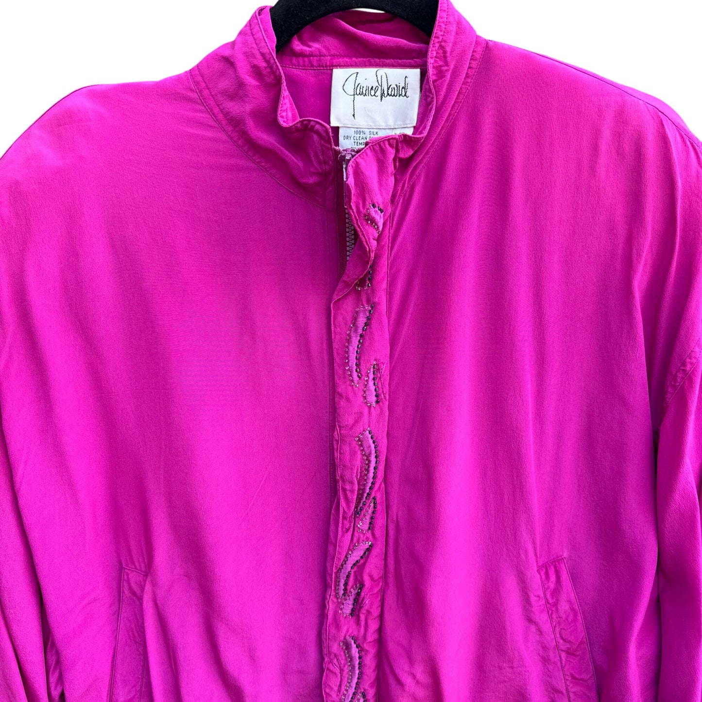 Janice David Vintage 80s PInk Silk Abstract Beaded Bomber Jacket Wearable Art S