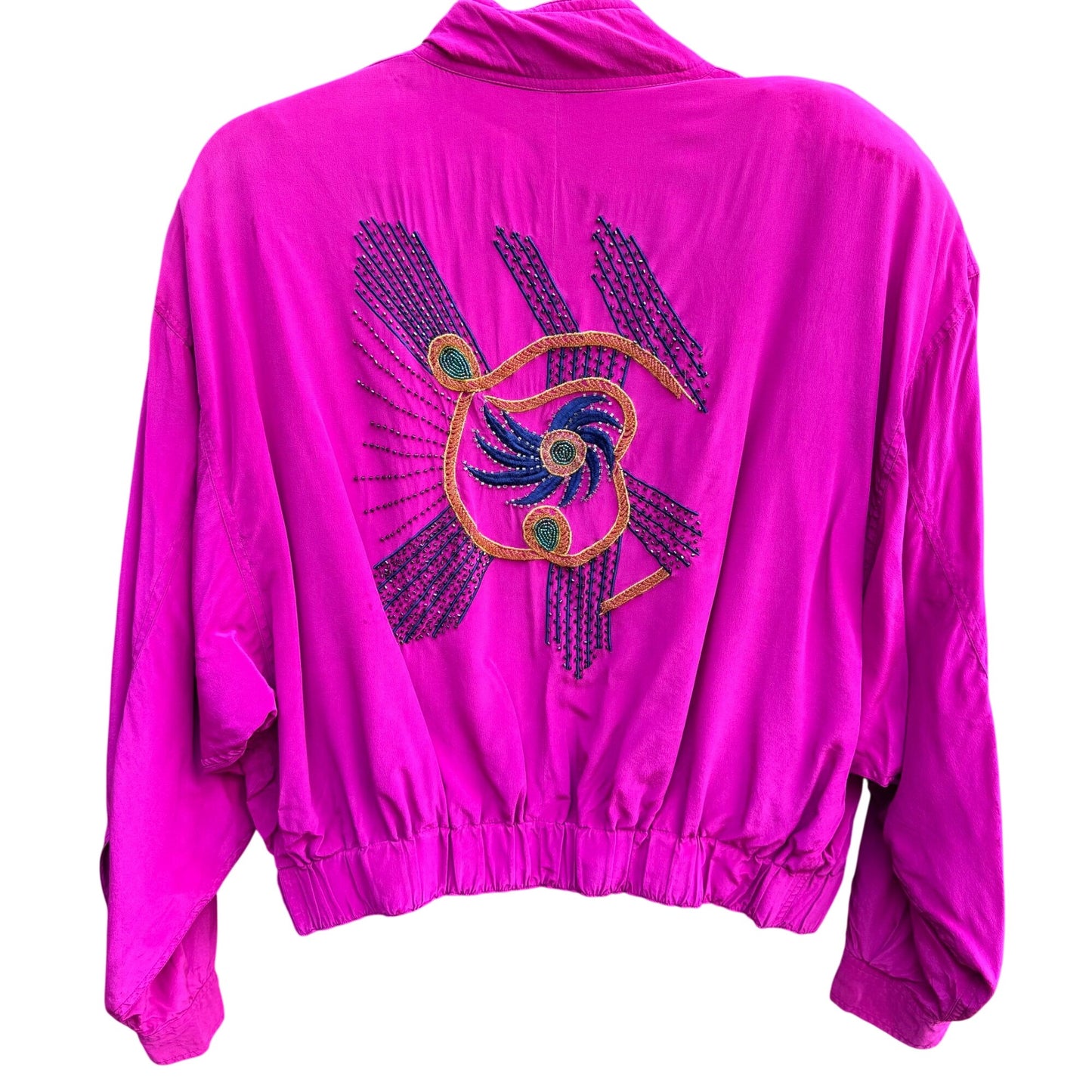 Janice David Vintage 80s PInk Silk Abstract Beaded Bomber Jacket Wearable Art S