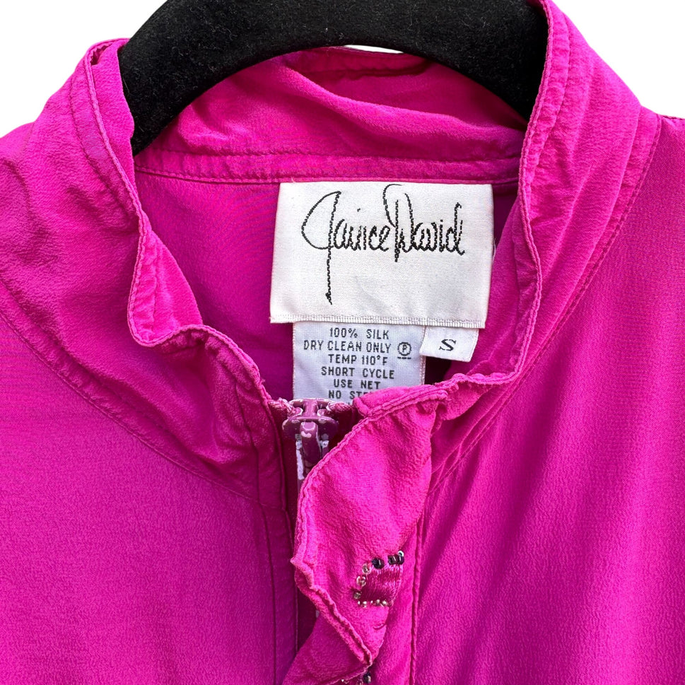 Janice David Vintage 80s PInk Silk Abstract Beaded Bomber Jacket Wearable Art S