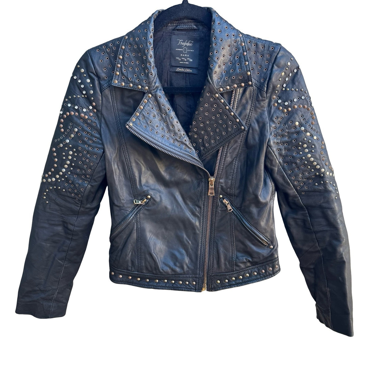 Zara Trafaluc Studded Rhinestone Lambskin Leather Moto Biker Punk Jacket Black S