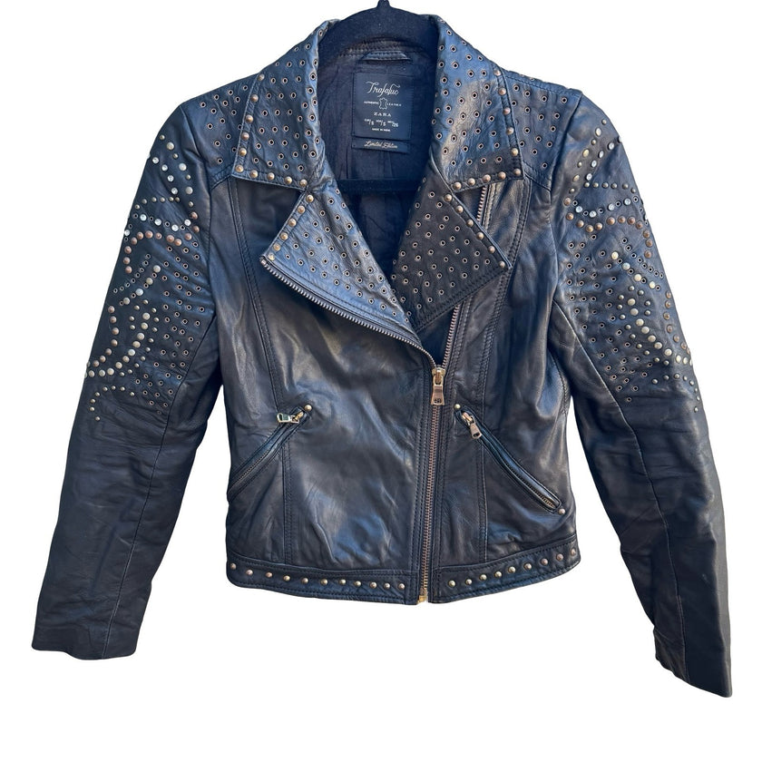 Zara Trafaluc Studded Rhinestone Lambskin Leather Moto Biker Punk Jacket Black S
