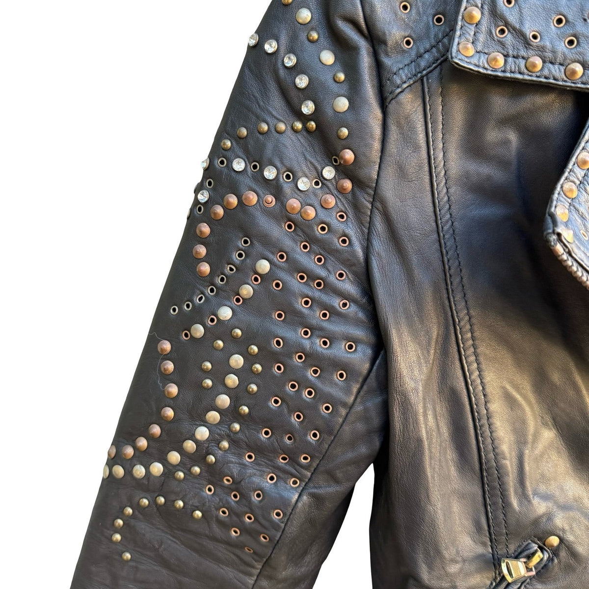 Zara Trafaluc Studded Rhinestone Lambskin Leather Moto Biker Punk Jacket Black S