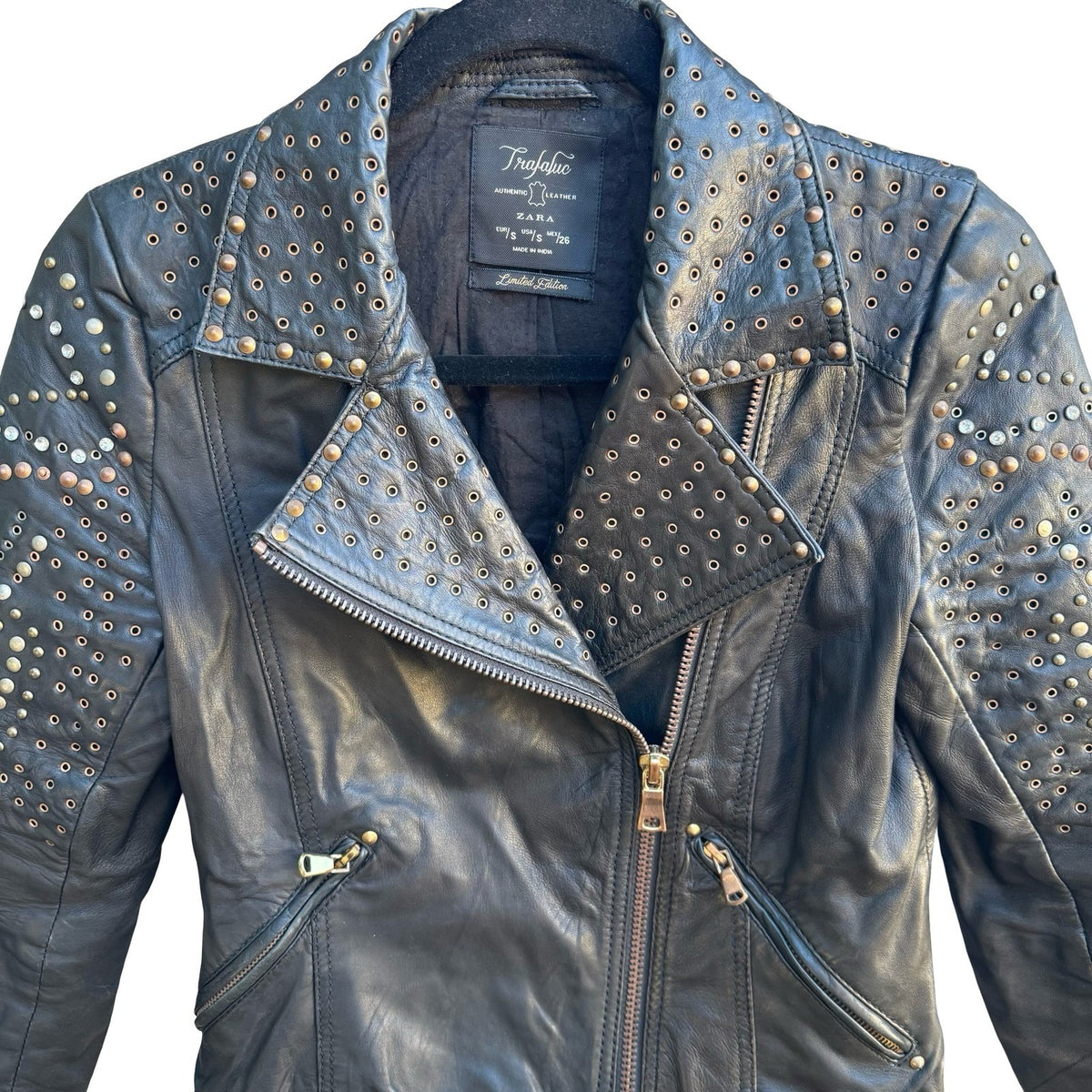 Zara Trafaluc Studded Rhinestone Lambskin Leather Moto Biker Punk Jacket Black S