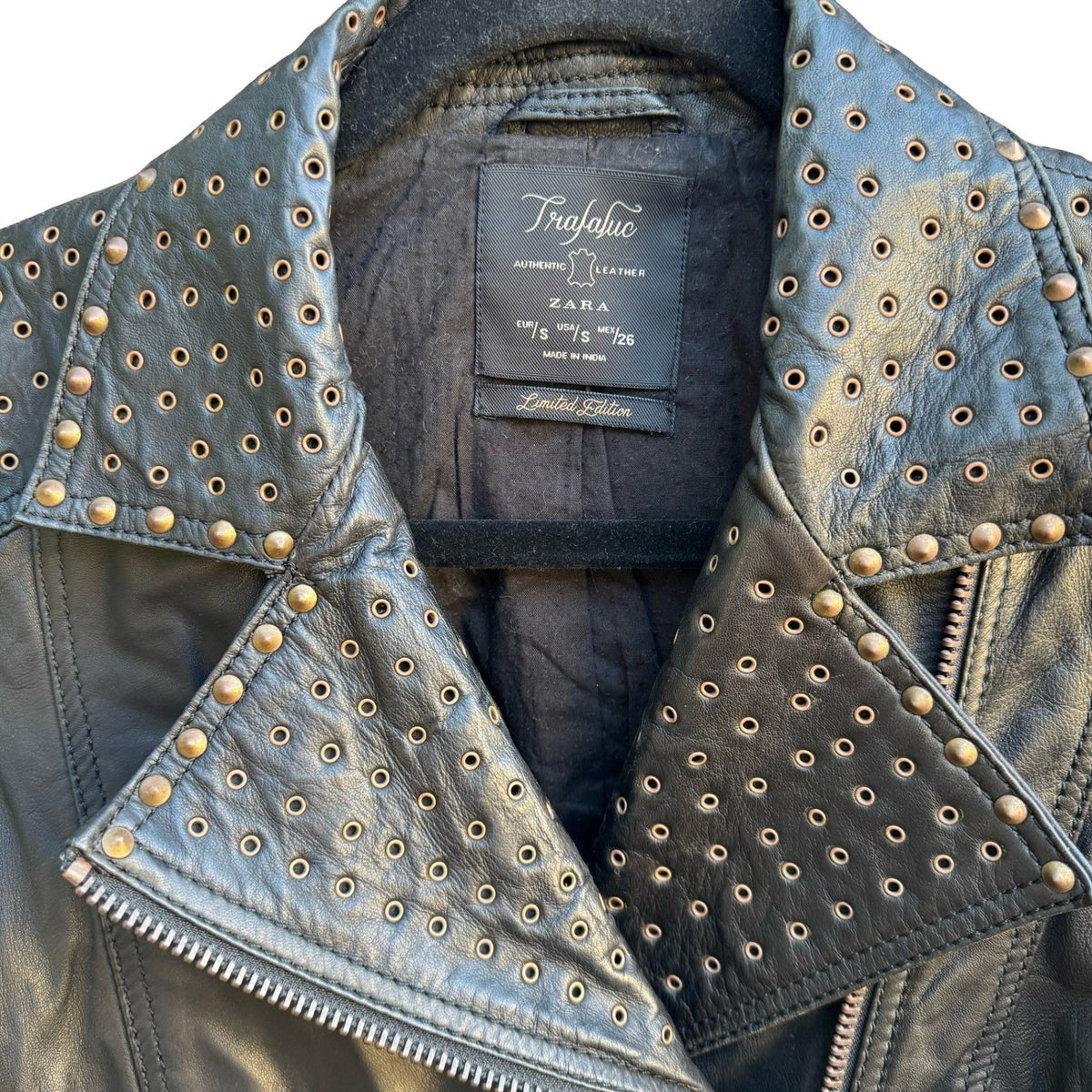 Zara Trafaluc Studded Rhinestone Lambskin Leather Moto Biker Punk Jacket Black S