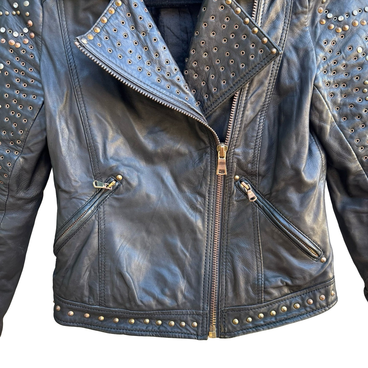 Zara Trafaluc Studded Rhinestone Lambskin Leather Moto Biker Punk Jacket Black S