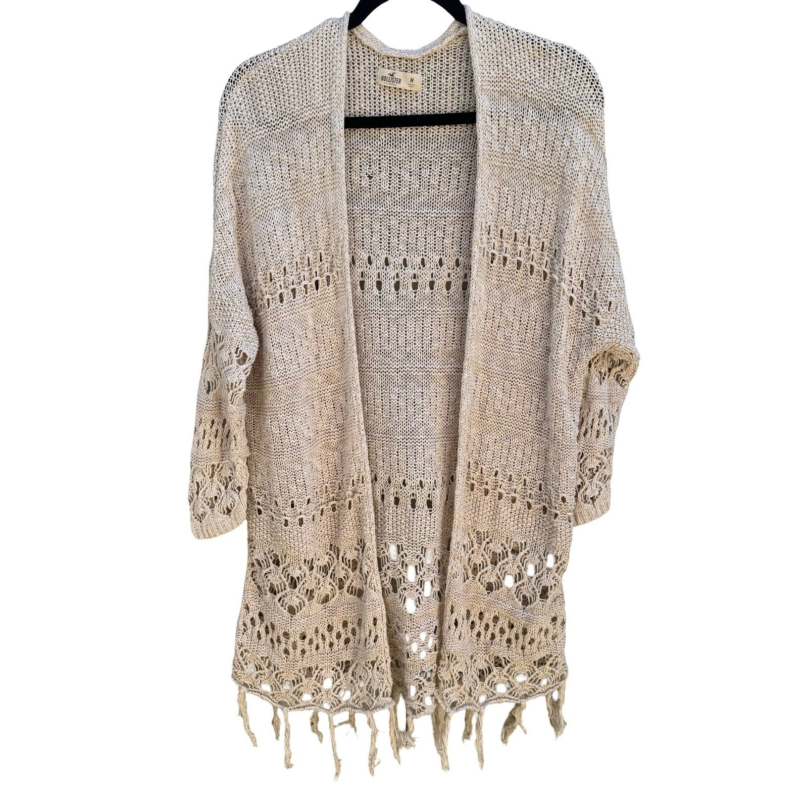Hollister Boho Crochet Fringe Open Oversized Cardigan Sweater Beachy Coastal M