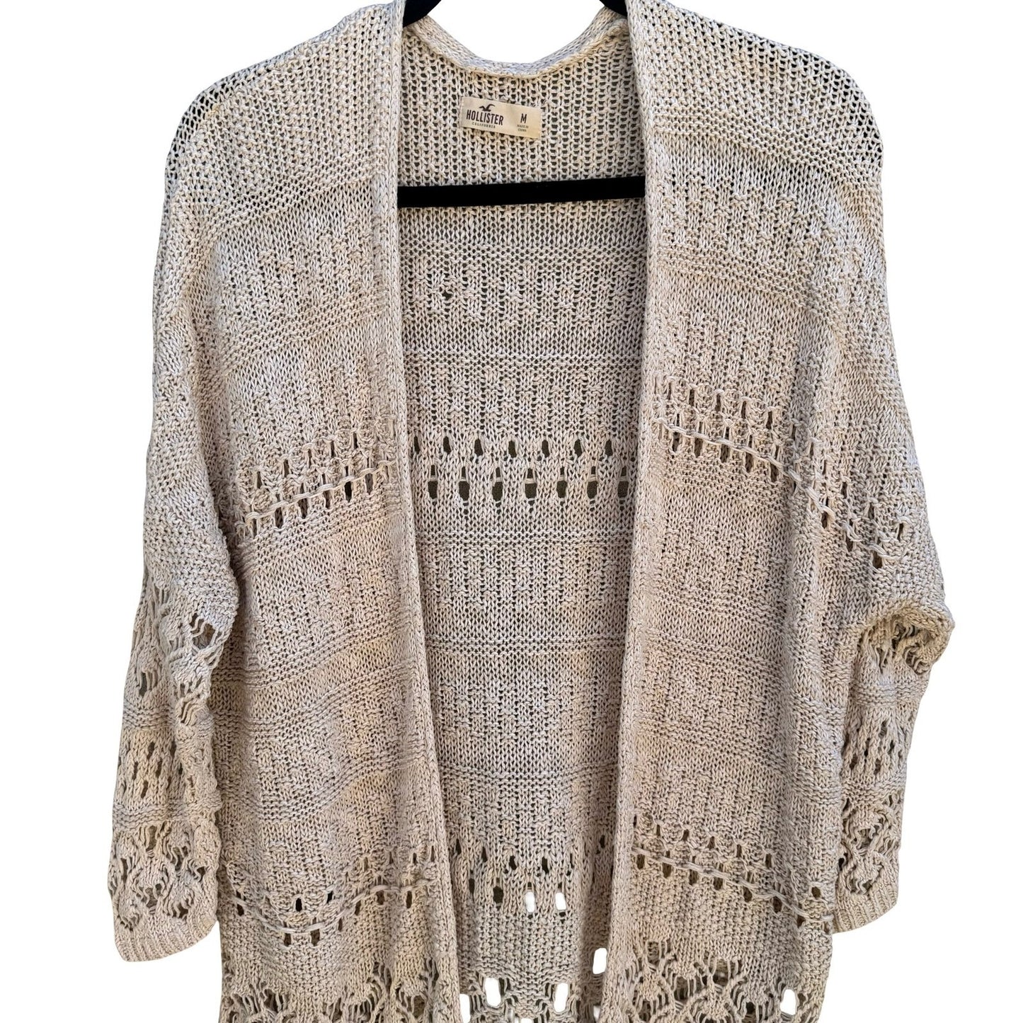 Hollister Boho Crochet Fringe Open Oversized Cardigan Sweater Beachy Coastal M
