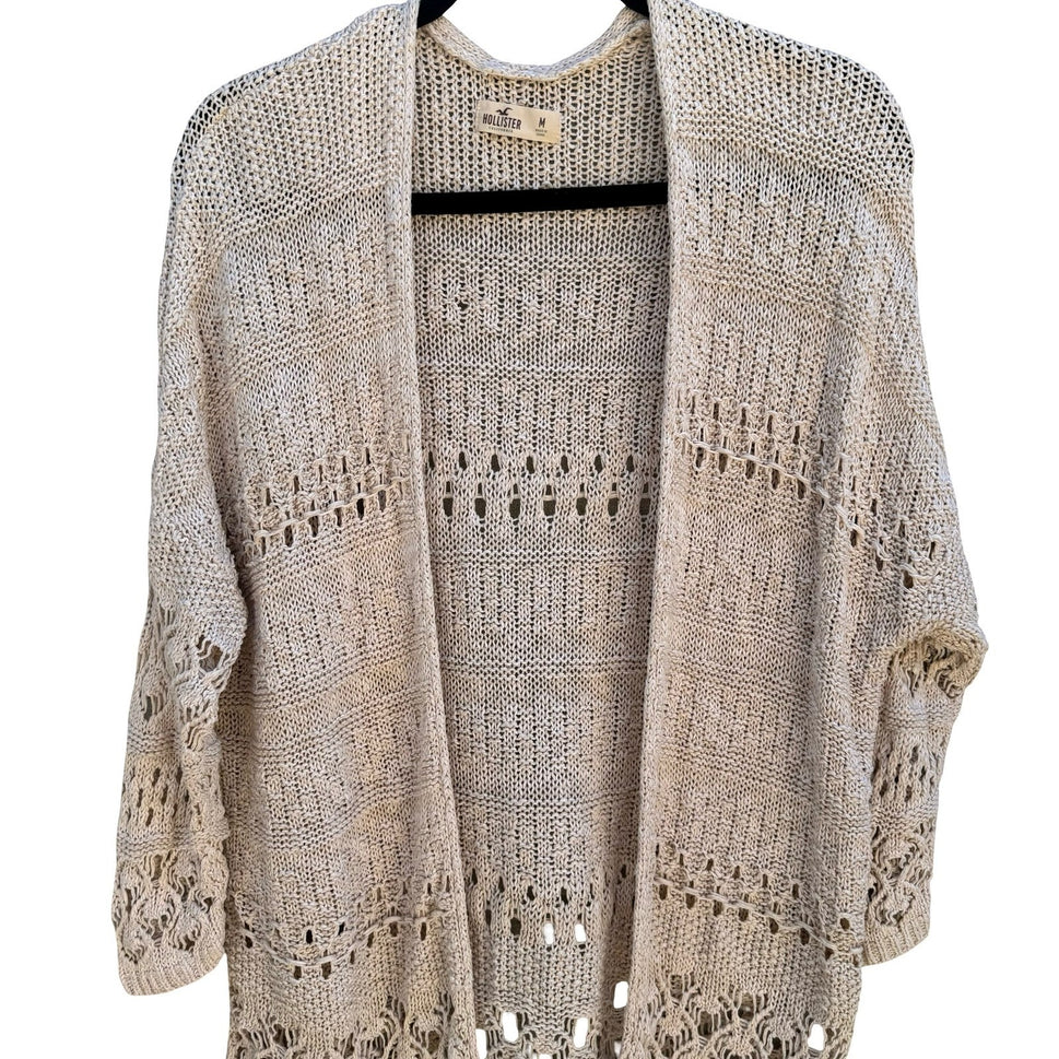 Hollister Boho Crochet Fringe Open Oversized Cardigan Sweater Beachy Coastal M