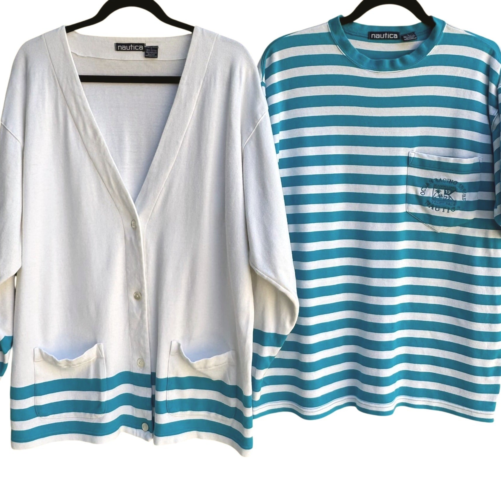 Nautica Vintage 80s Yacht Oversized White Teal Striped Preppy Cardigan Shirt L