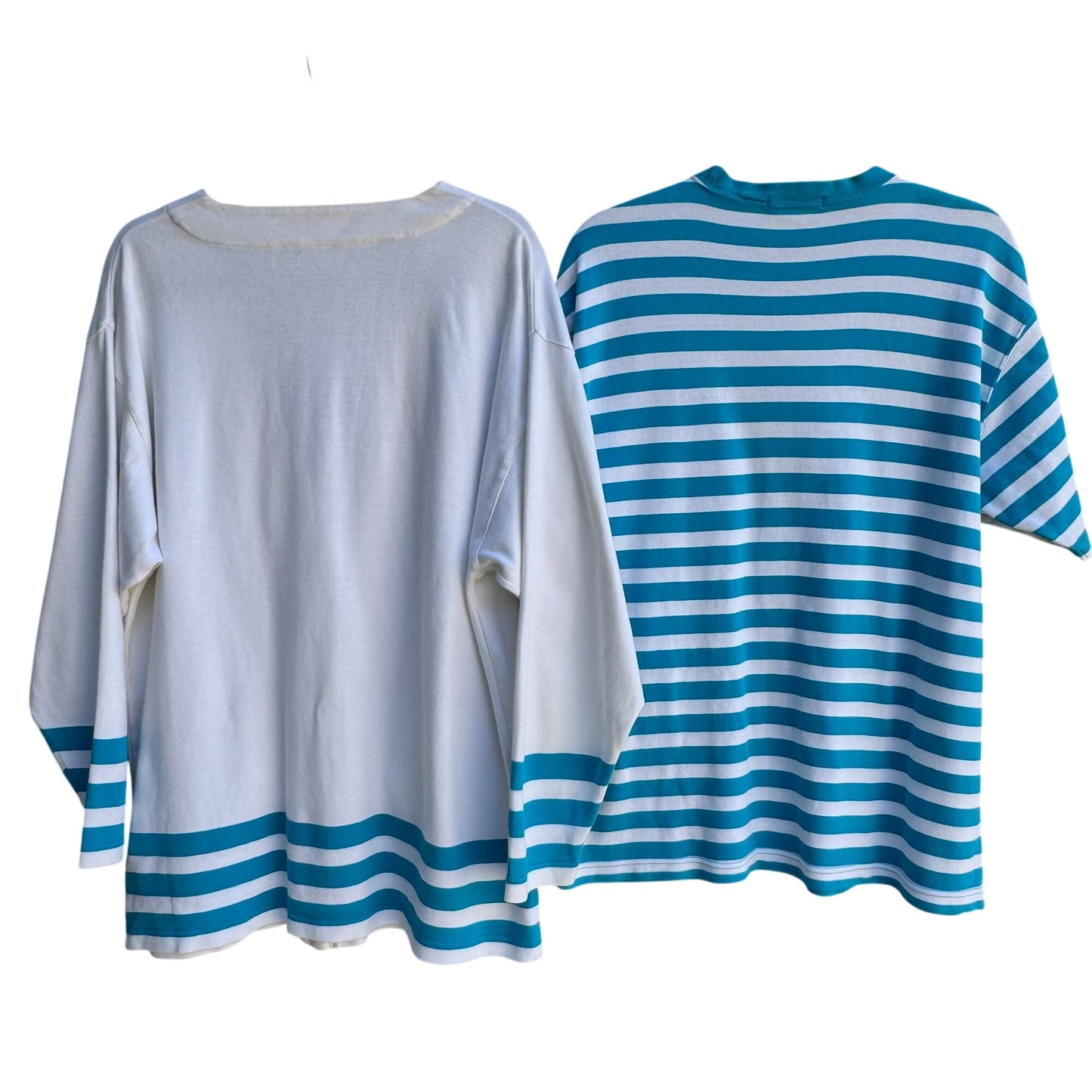 Nautica Vintage 80s Yacht Oversized White Teal Striped Preppy Cardigan Shirt L