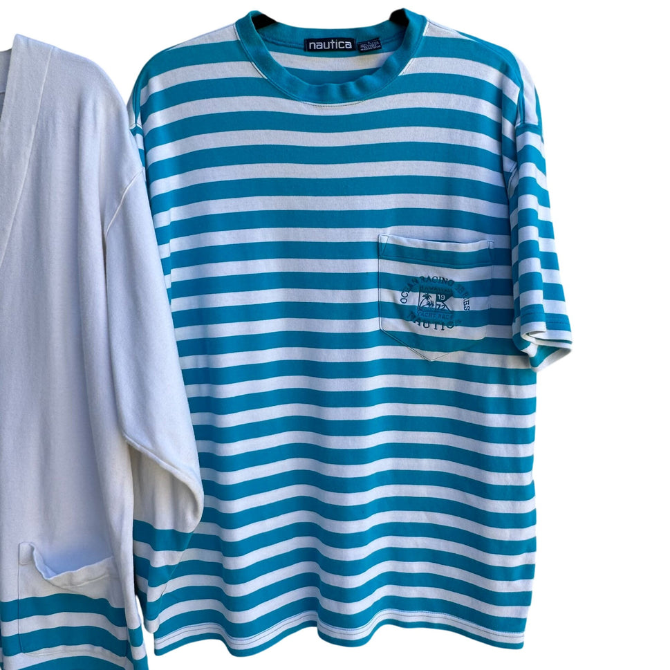 Nautica Vintage 80s Yacht Oversized White Teal Striped Preppy Cardigan Shirt L