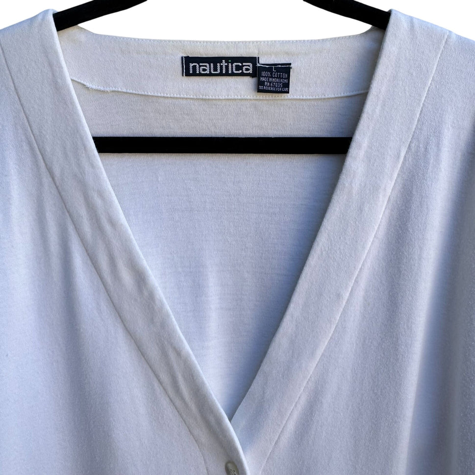 Nautica Vintage 80s Yacht Oversized White Teal Striped Preppy Cardigan Shirt L