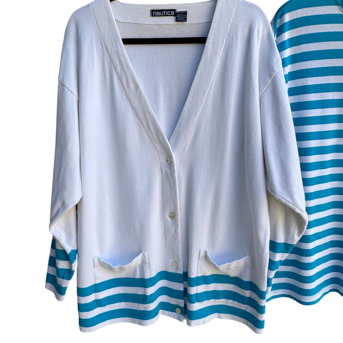 Nautica Vintage 80s Yacht Oversized White Teal Striped Preppy Cardigan Shirt L