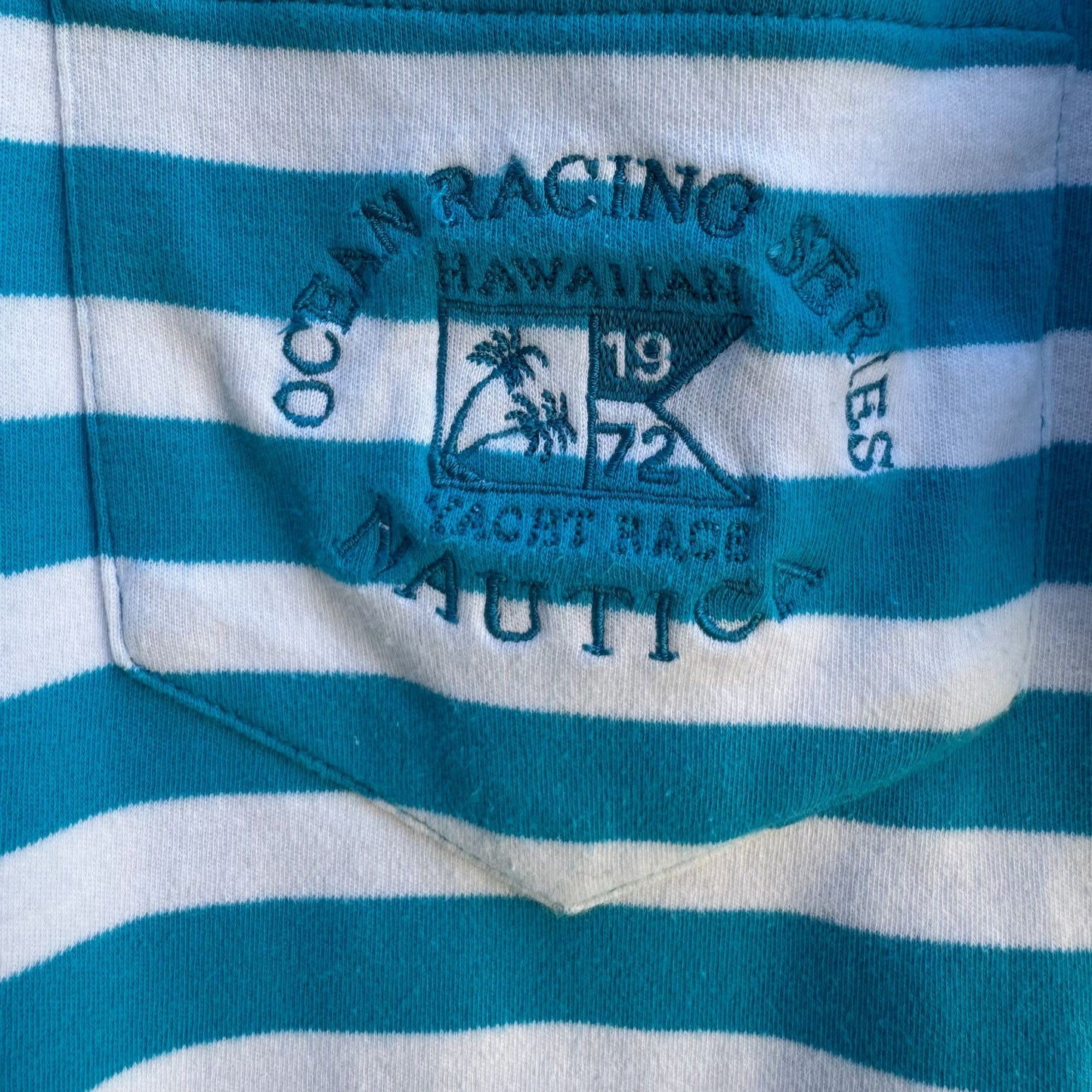 Nautica Vintage 80s Yacht Oversized White Teal Striped Preppy Cardigan Shirt L