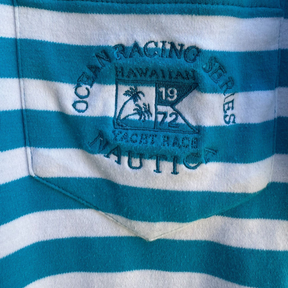 Nautica Vintage 80s Yacht Oversized White Teal Striped Preppy Cardigan Shirt L