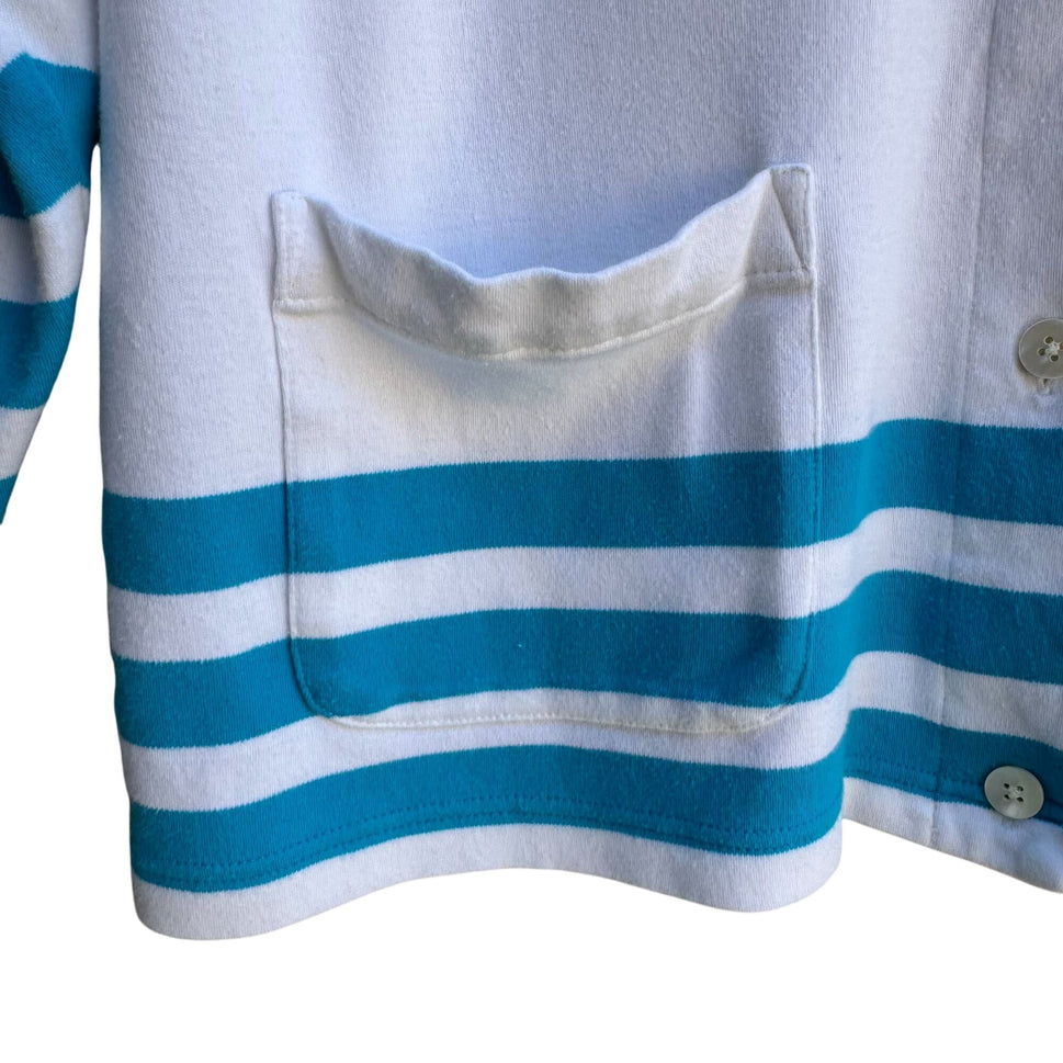 Nautica Vintage 80s Yacht Oversized White Teal Striped Preppy Cardigan Shirt L
