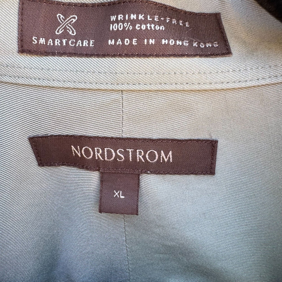 Nordstrom Mens Wrinkle-Free Green Button-Up Pocket Mandarin Band Collar Shirt XL