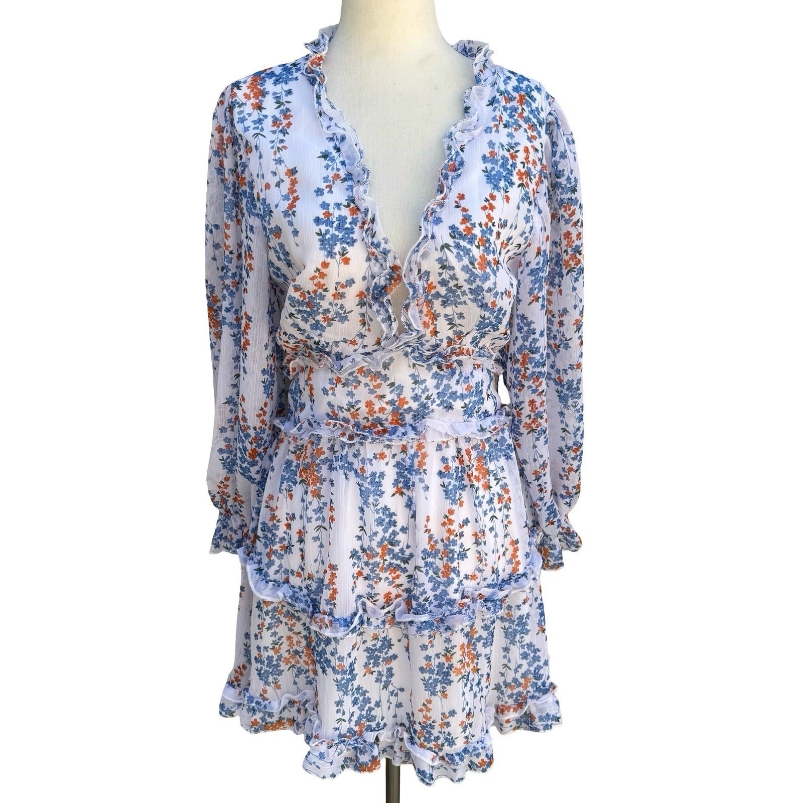 Chicwish Floral Ruffle Open Back Mini Dress S Boho Cottage Garden Party Festival