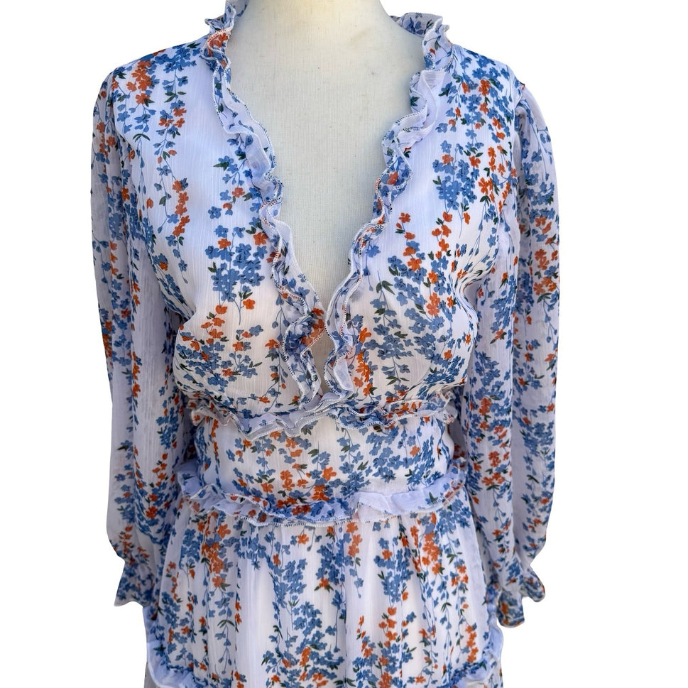Chicwish Floral Ruffle Open Back Mini Dress S Boho Cottage Garden Party Festival