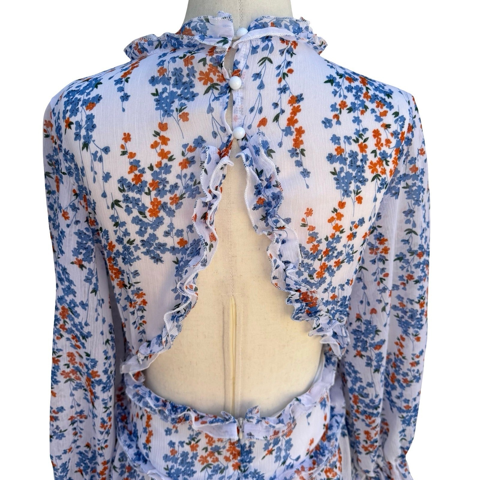 Chicwish Floral Ruffle Open Back Mini Dress S Boho Cottage Garden Party Festival