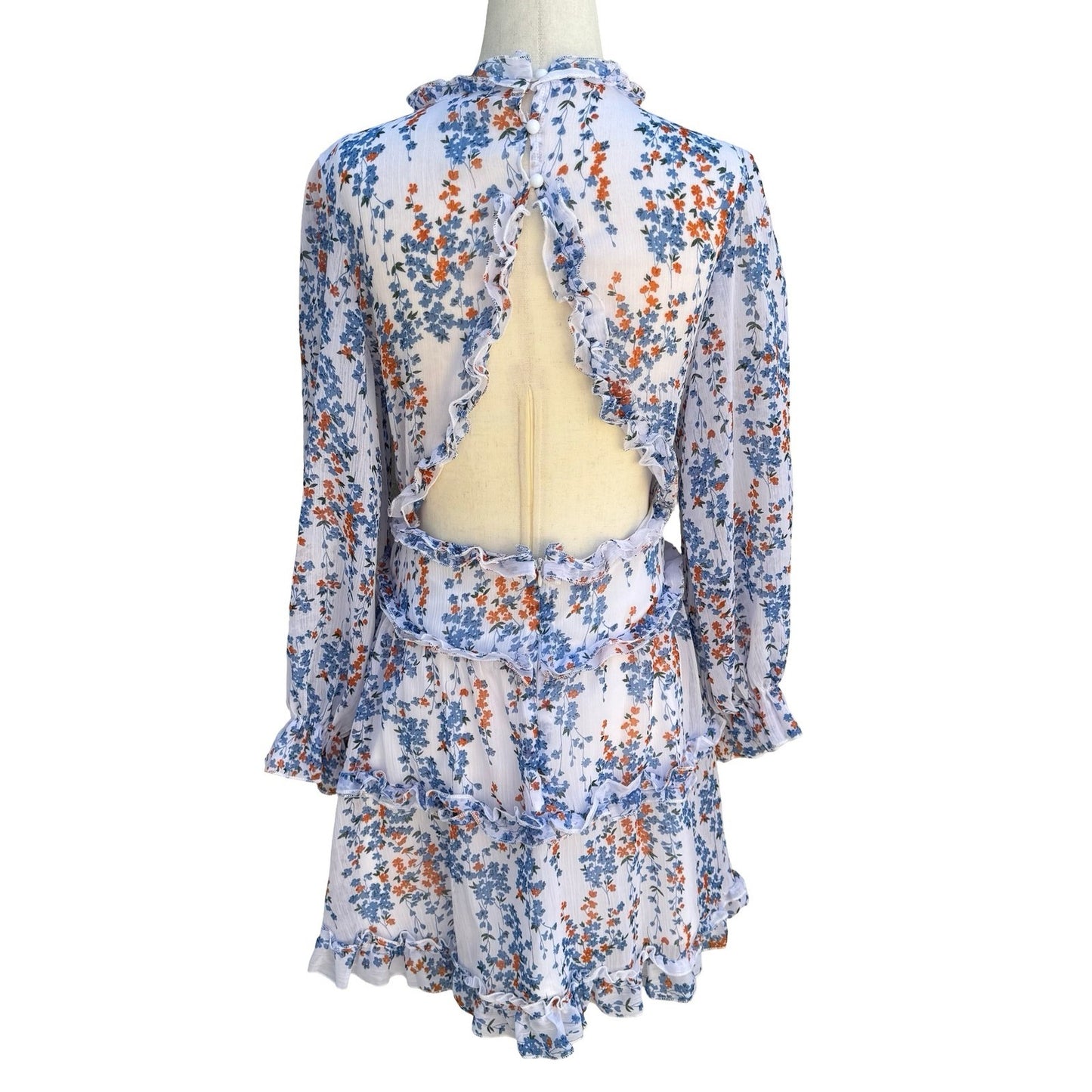 Chicwish Floral Ruffle Open Back Mini Dress S Boho Cottage Garden Party Festival