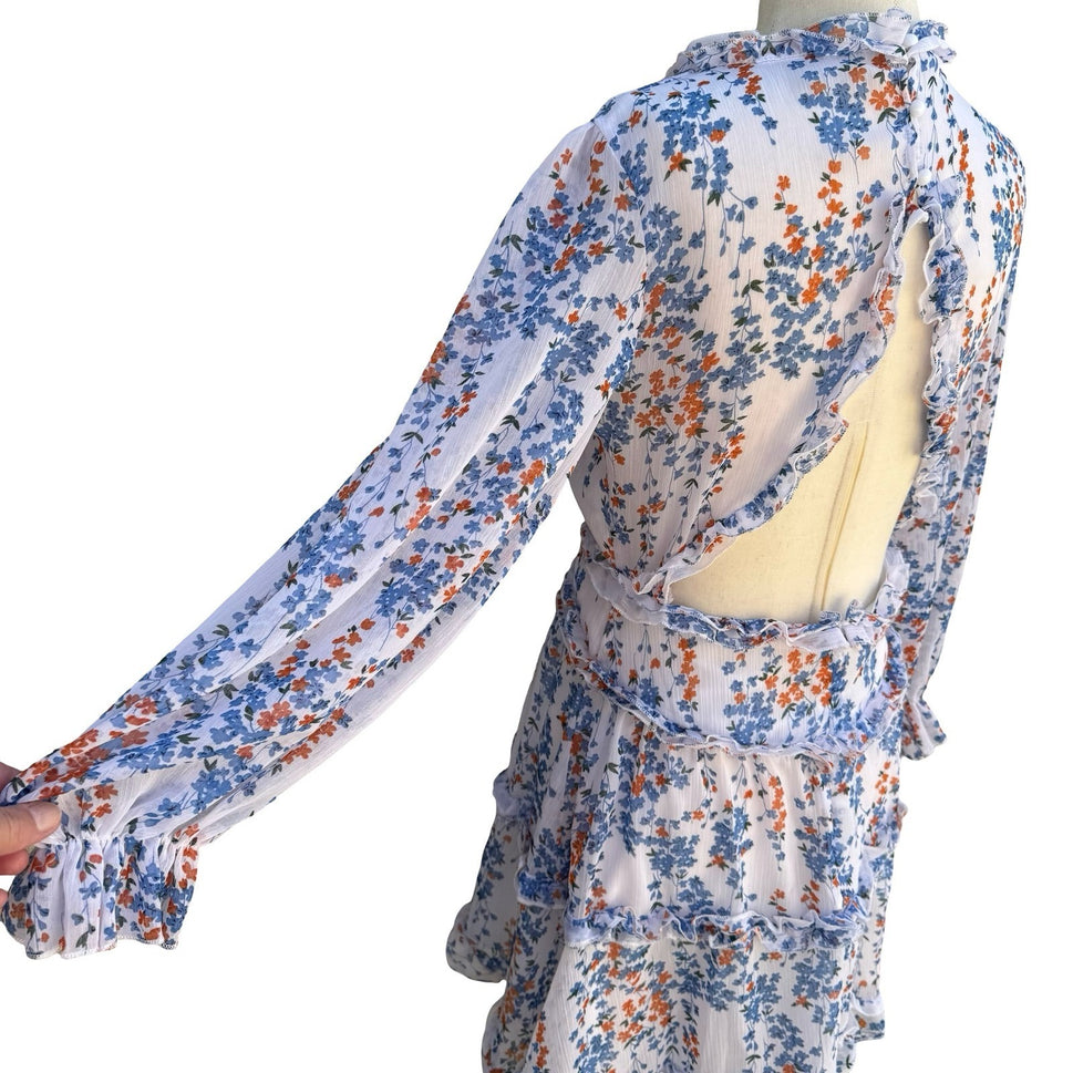 Chicwish Floral Ruffle Open Back Mini Dress S Boho Cottage Garden Party Festival