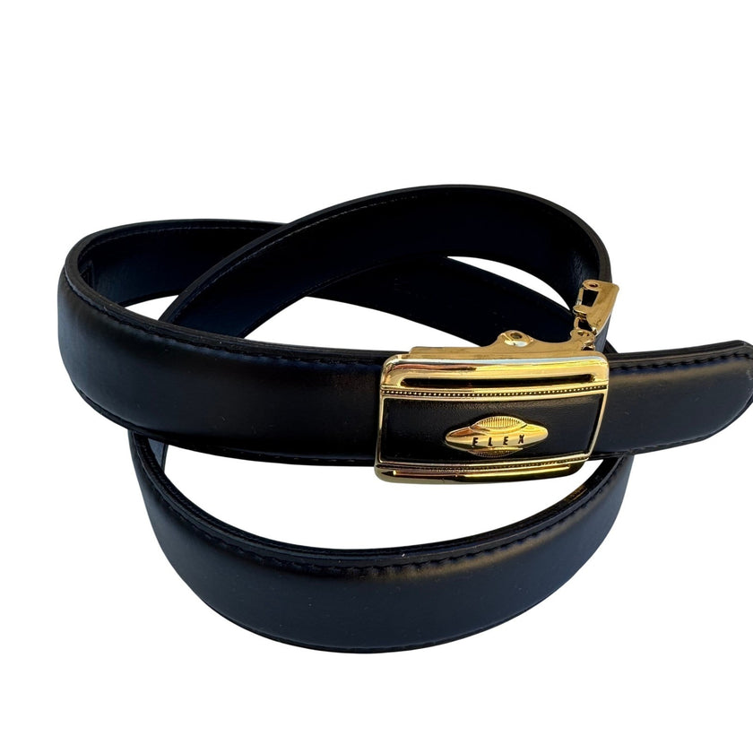 Flex Black Genuine Leather Belt Gold Button Lever Buckle Made in USA Pat 097596