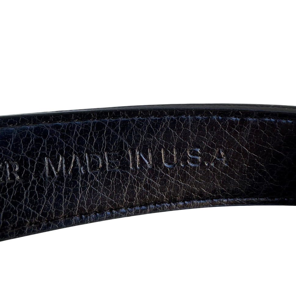 Flex Black Genuine Leather Belt Gold Button Lever Buckle Made in USA Pat 097596