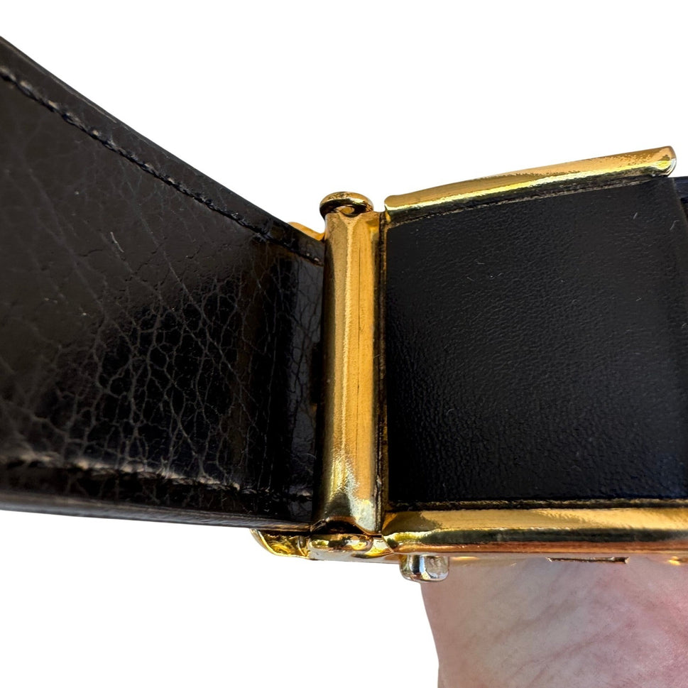 Flex Black Genuine Leather Belt Gold Button Lever Buckle Made in USA Pat 097596