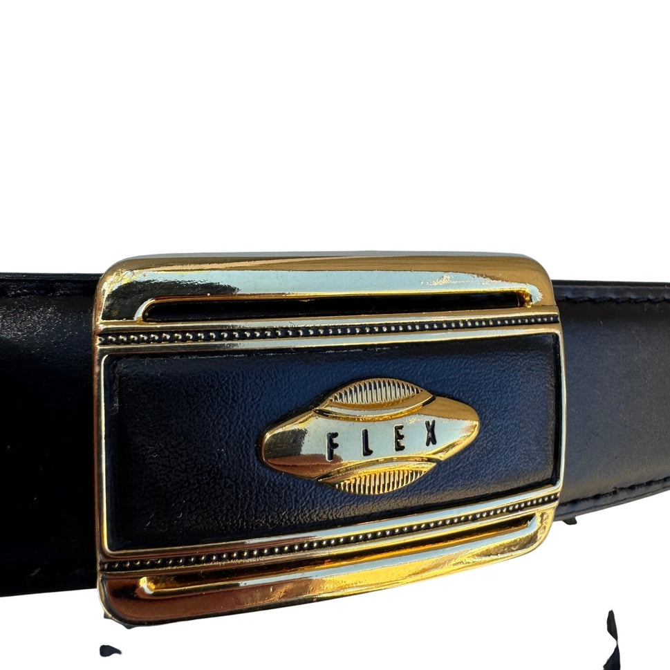 Flex Black Genuine Leather Belt Gold Button Lever Buckle Made in USA Pat 097596