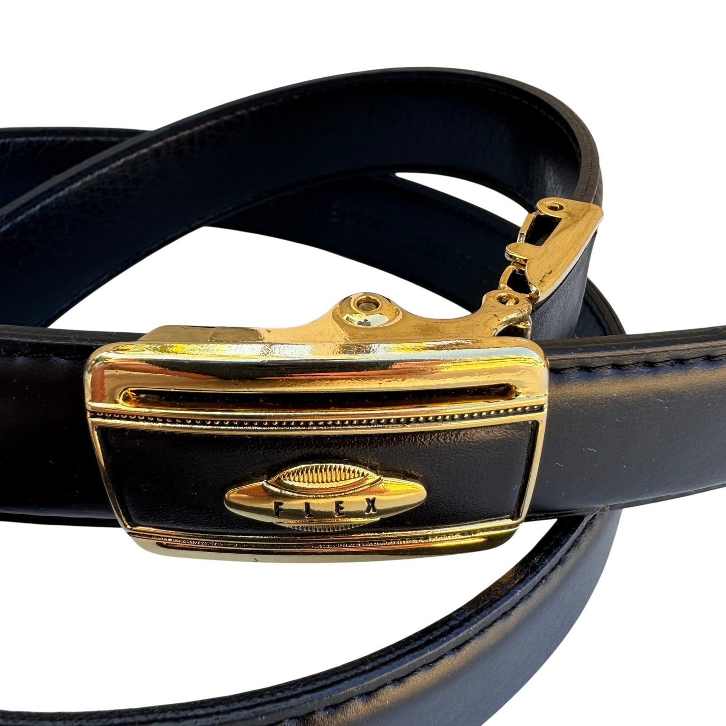 Flex Black Genuine Leather Belt Gold Button Lever Buckle Made in USA Pat 097596