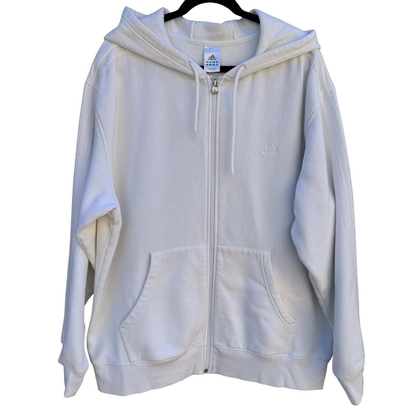 Adidas Mens XL Full Zip Hoodie White Fleece Lined 3-Stripe Embroidered Logo