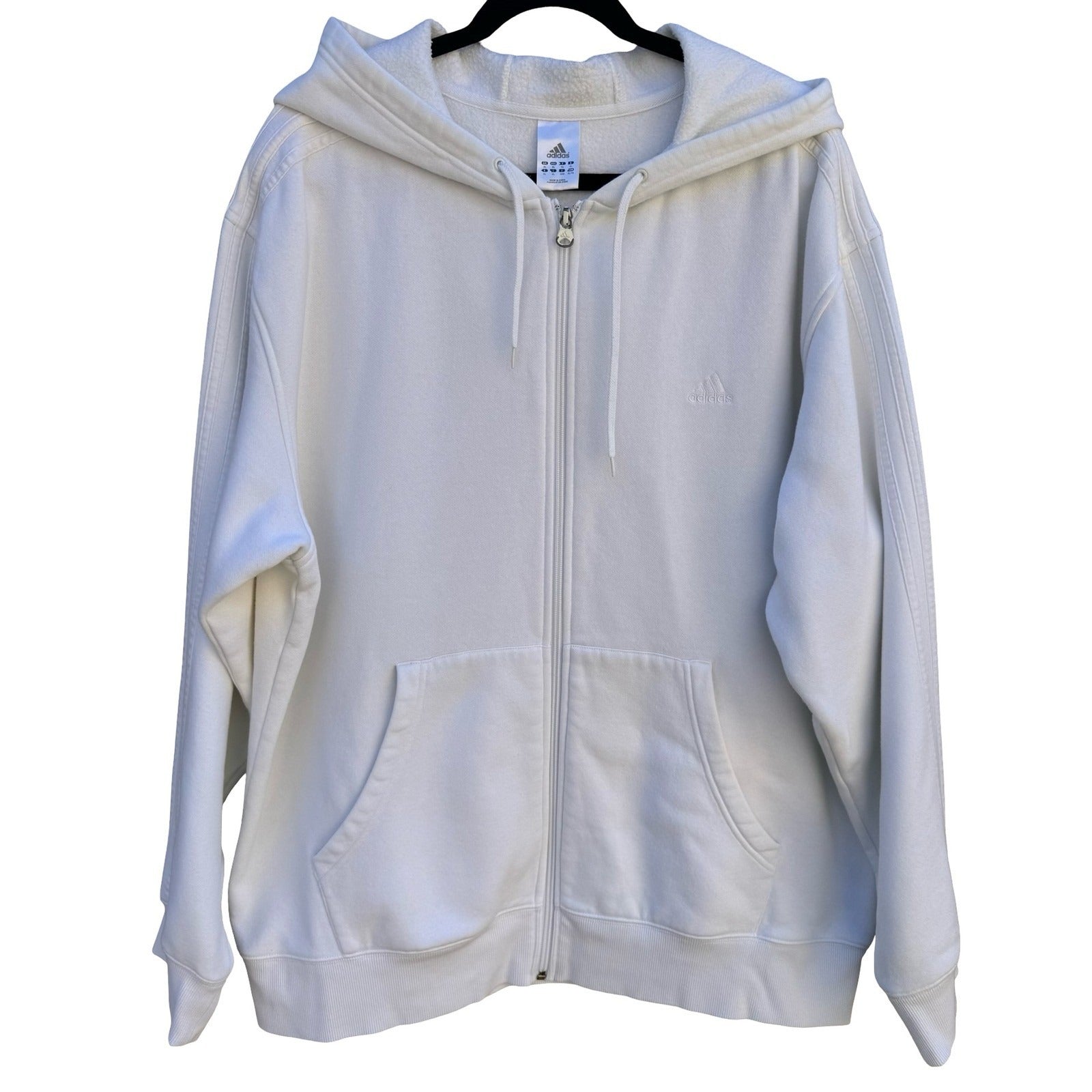 Adidas Mens XL Full Zip Hoodie White Fleece Lined 3-Stripe Embroidered Logo