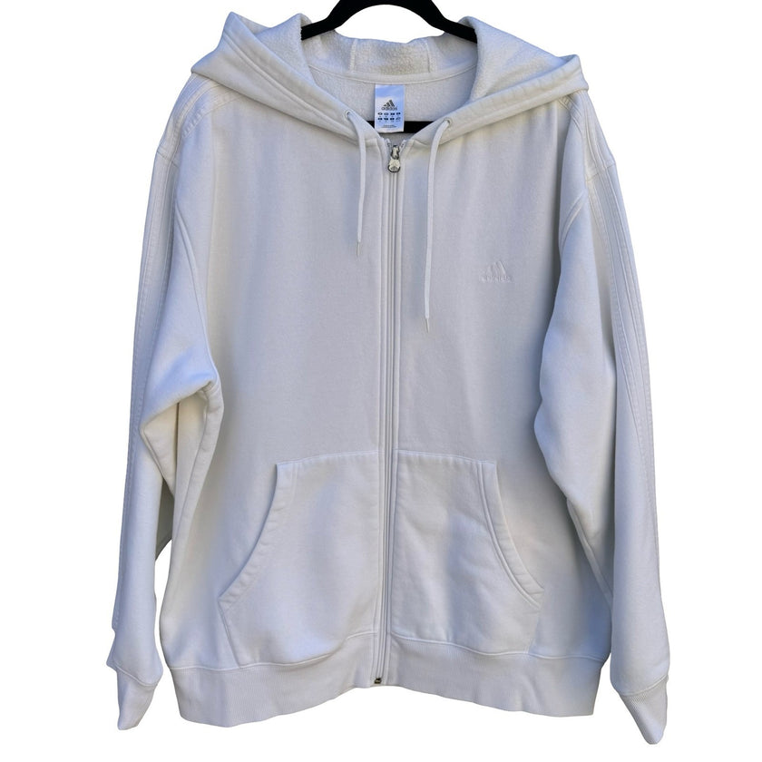 Adidas Mens XL Full Zip Hoodie White Fleece Lined 3-Stripe Embroidered Logo