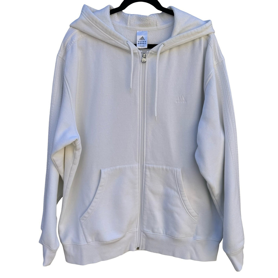 Adidas Mens XL Full Zip Hoodie White Fleece Lined 3-Stripe Embroidered Logo
