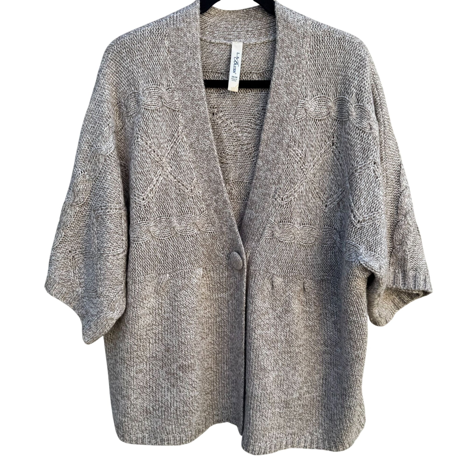 LA Blues Chunky Cable Knit Soft Gray Short Sleeve One Button Cardigan Sweater