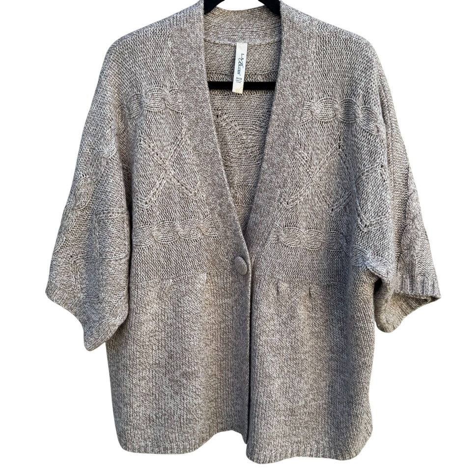 LA Blues Chunky Cable Knit Soft Gray Short Sleeve One Button Cardigan Sweater