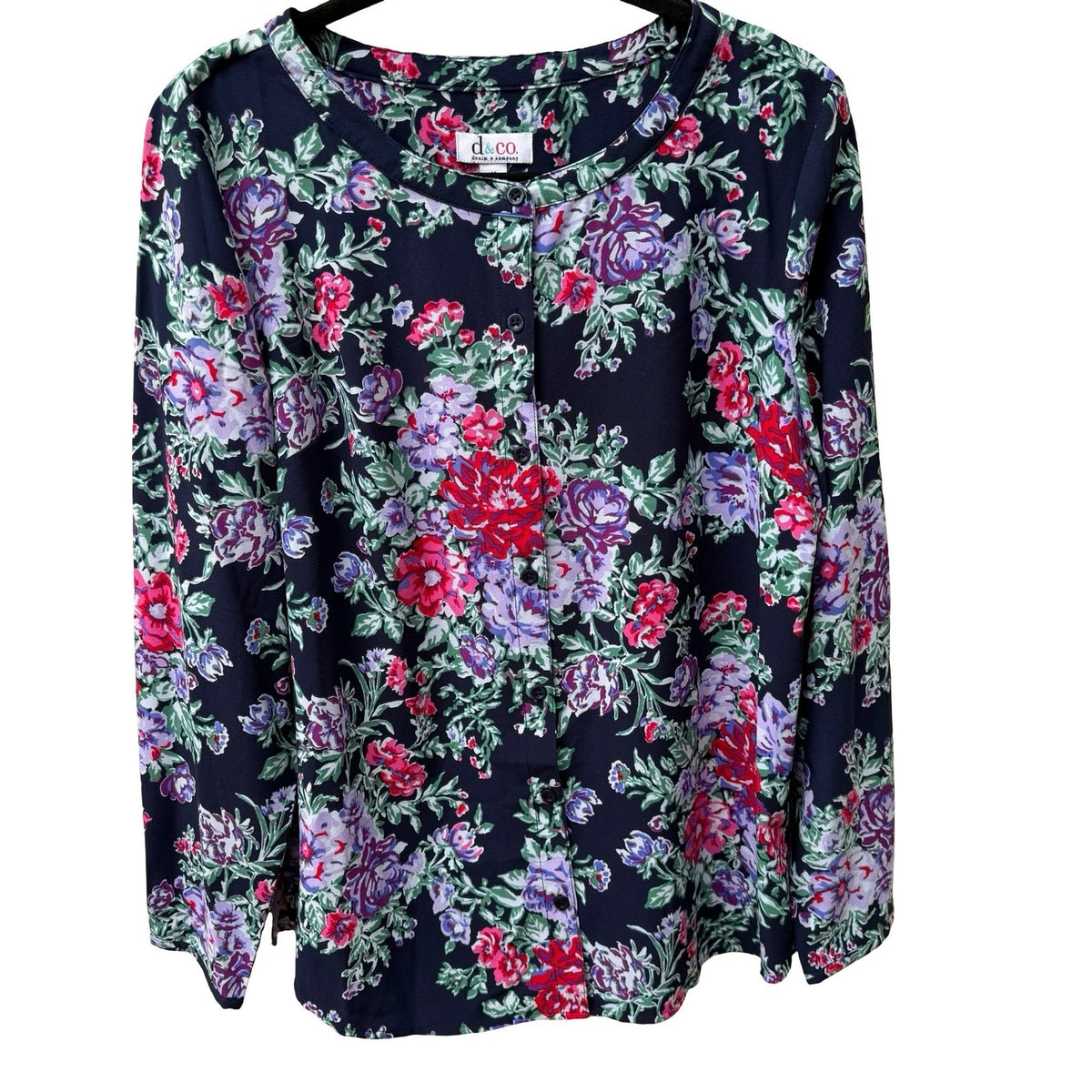 Denim & Co Cottagecore Grandma Core Dark Floral Tunic Peasant Blouse Navy M