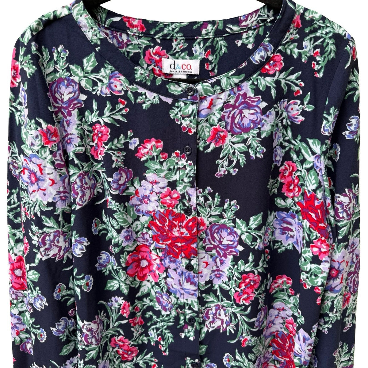 Denim & Co Cottagecore Grandma Core Dark Floral Tunic Peasant Blouse Navy M