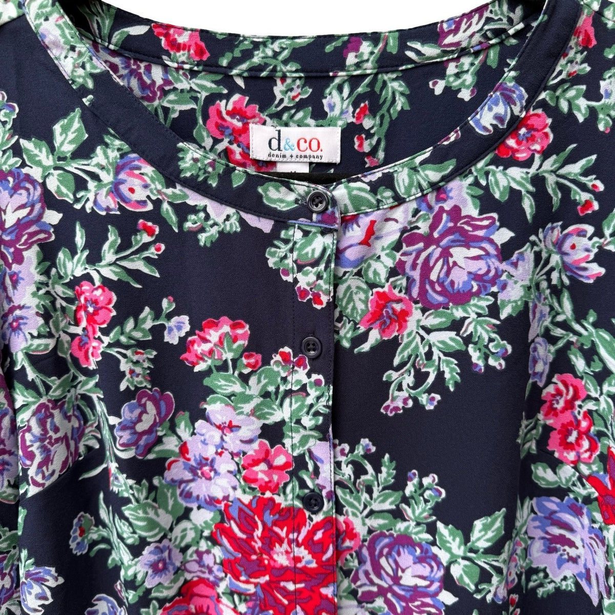 Denim & Co Cottagecore Grandma Core Dark Floral Tunic Peasant Blouse Navy M