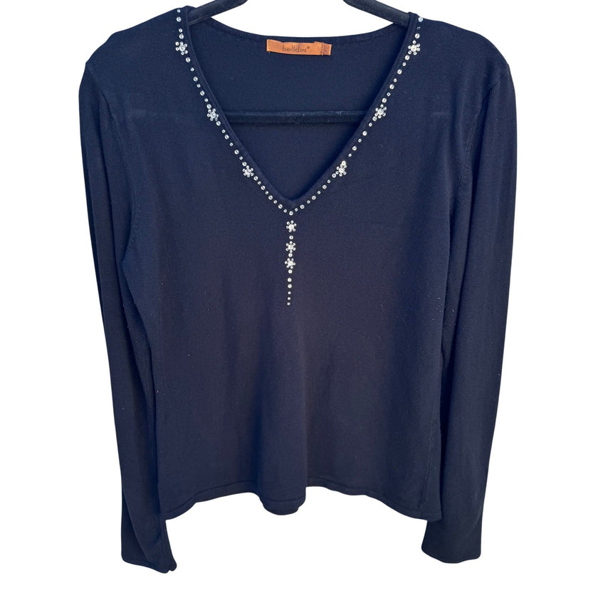 Belldini Black V-Neck Rhinestone Embellished Long Sleeve Knit Sweater Womens L