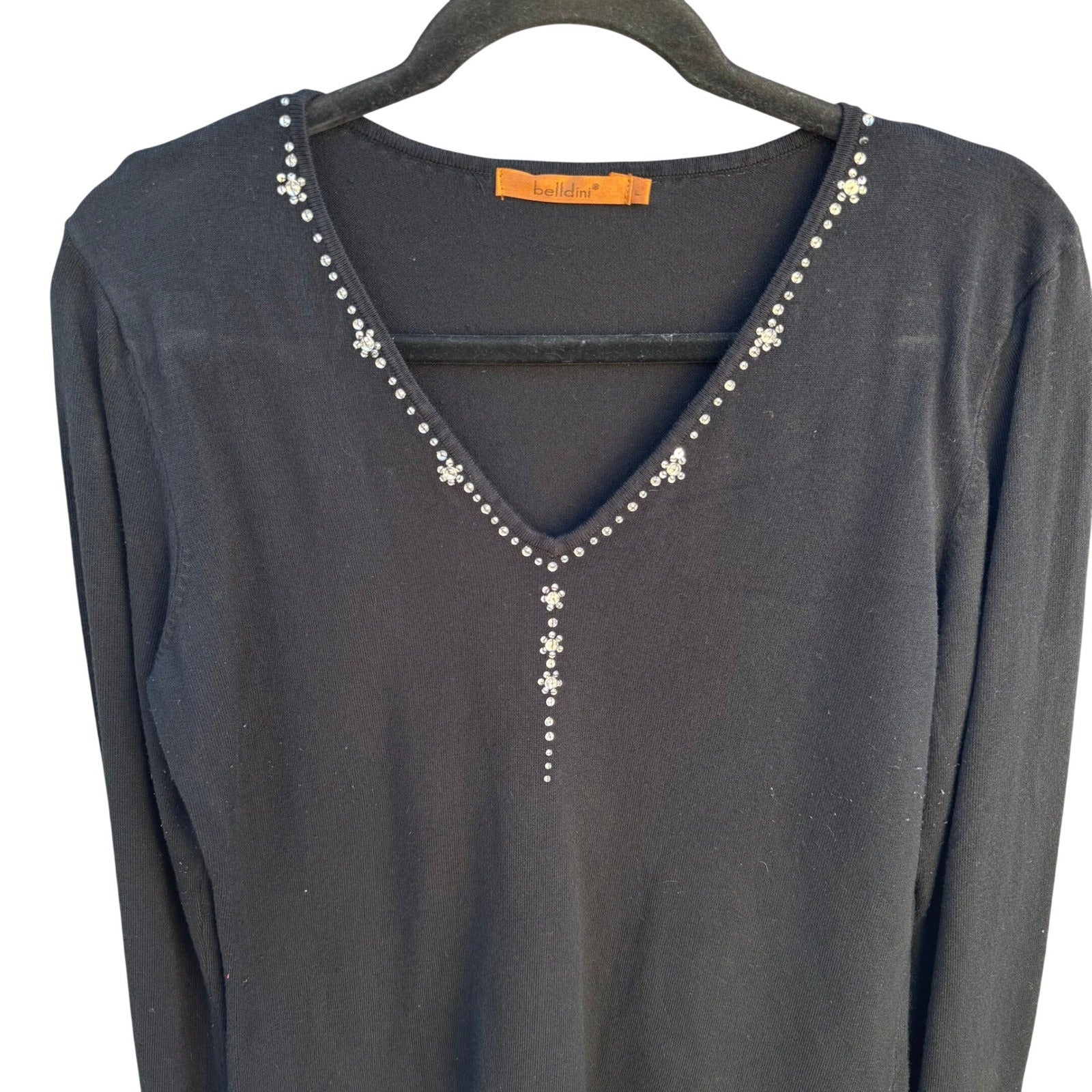 Belldini Black V-Neck Rhinestone Embellished Long Sleeve Knit Sweater Womens L